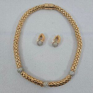 Rau Klikit Demi Pave Rhinestone 18" Snap Necklace w/Matching Earrings Signed LN
